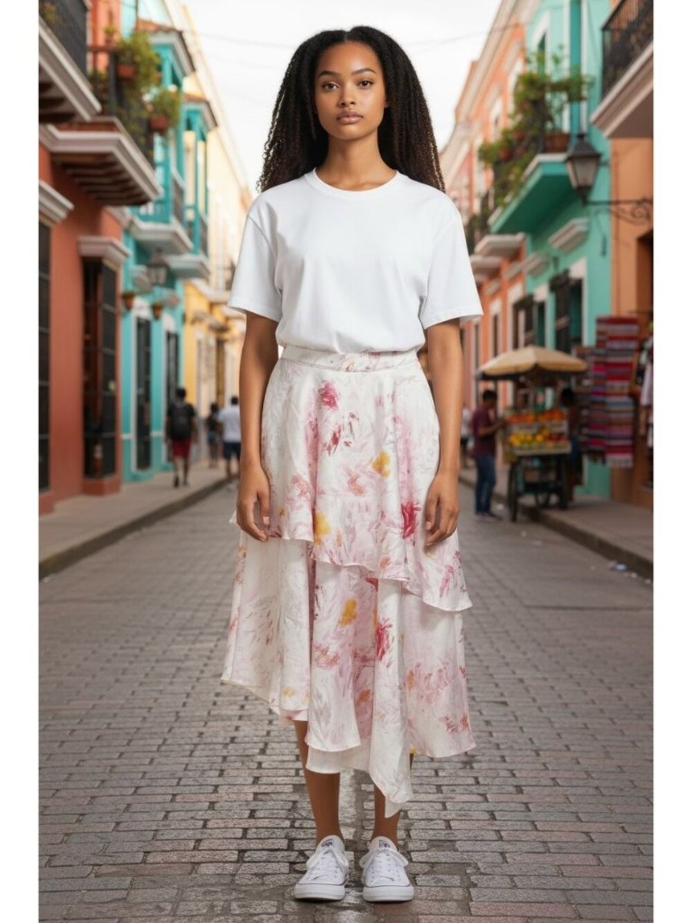 BCBGMaxAzria Abstract Floral Ruffled Midi Skirt White/Pink/Yellow Size M MSRP $2